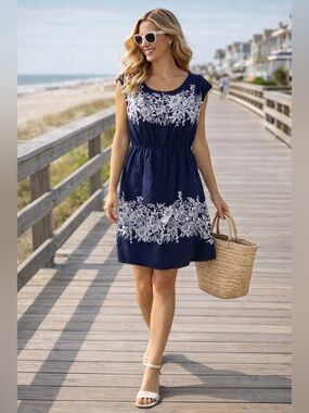 Redherring Size 6 Navy White Floral Midi Dress Cottagecore Summer Boho